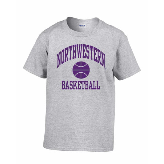 Northwestern University Wildcats Grey Short Sleeve Tee Shirt with Basketball Design
