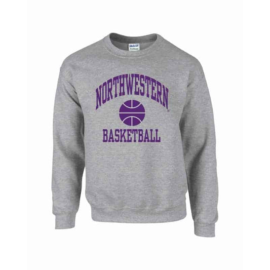 Northwestern University Wildcats Grey Crewneck Sweatshirt with Basketball Design