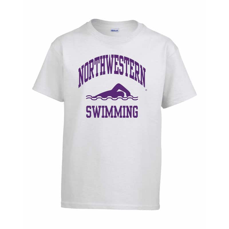 Northwestern Wildcats White Short Sleeve Tee Shirt with Swimming Design