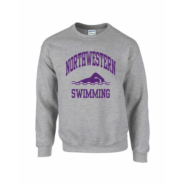 Northwestern Wildcats Men's Grey Crewneck Sweatshirt with Swimming Design