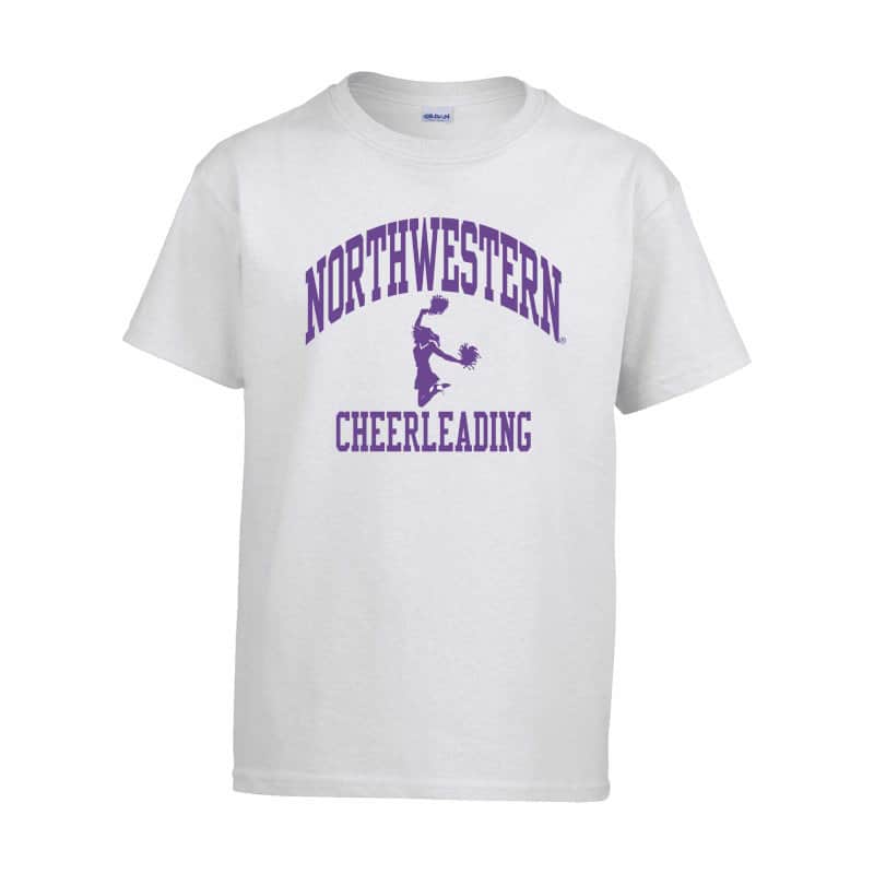 Northwestern University Wildcats White Short Sleeve Tee Shirt with Cheerleading Design