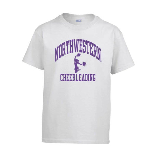 Northwestern University Wildcats White Short Sleeve Tee Shirt with Cheerleading Design