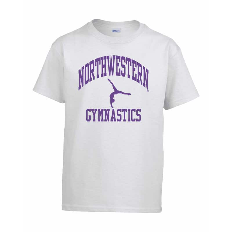 Northwestern Wildcats Men's White Short Sleeve Tee Shirt with Gymnastics Design
