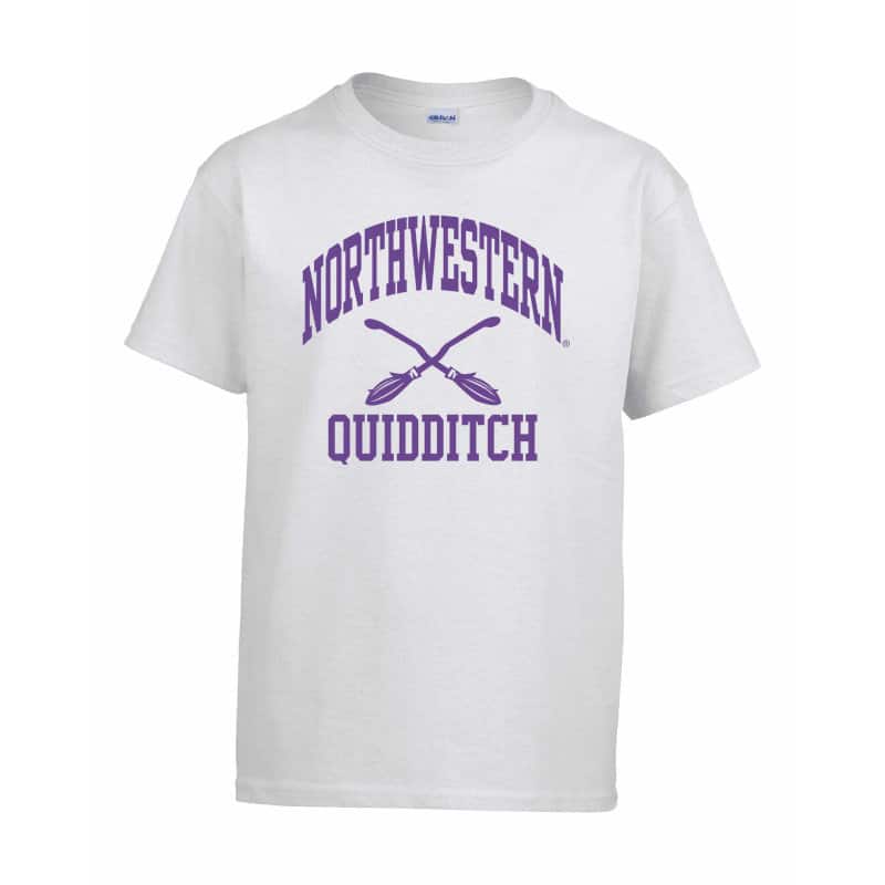 Northwestern Wildcats Men's White Short Sleeve Tee Shirt with Quidditch Design
