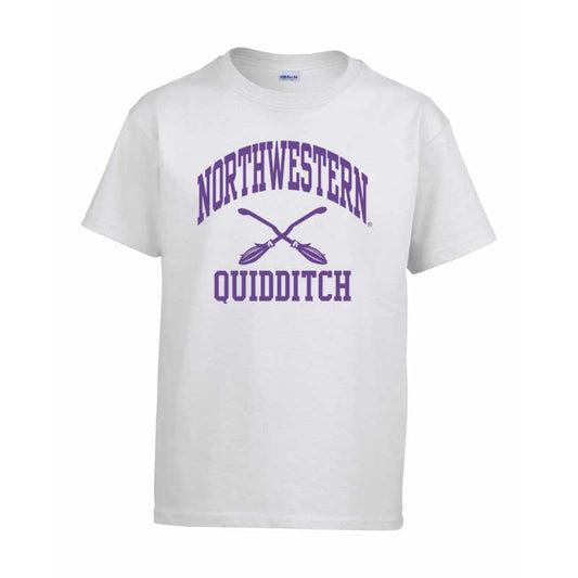 Northwestern Wildcats Men's White Short Sleeve Tee Shirt with Quidditch Design
