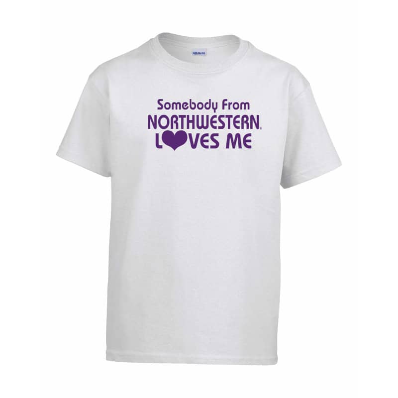 Northwestern Wildcats Men's White Short Sleeve Tee Shirt with "Somebody From Northwestern Loves Me" Design