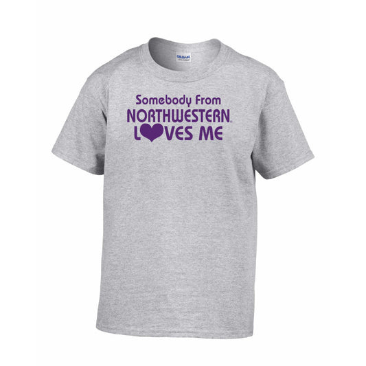Northwestern Wildcats Men's Grey Short Sleeve Tee Shirt with "Somebody From Northwestern Loves Me" Design