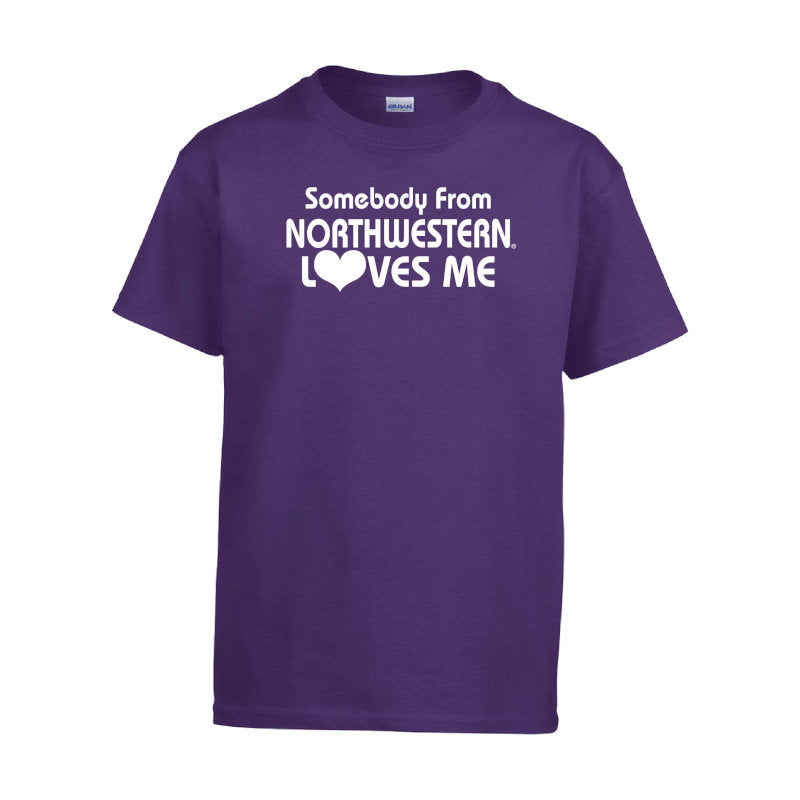 Northwestern Wildcats Youth Purple Short Sleeve Tee Shirt with "Somebody From Northwestern Loves Me" Design
