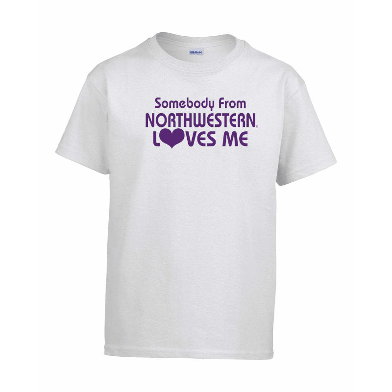 Northwestern Wildcats Youth White Short Sleeve Tee Shirt with "Somebody From Northwestern Loves Me" Design