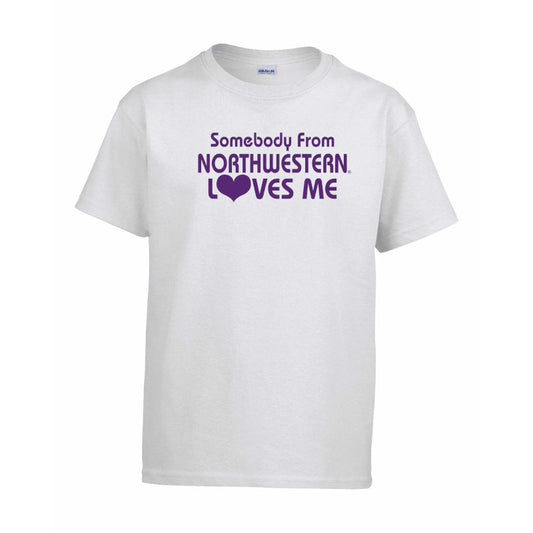 Northwestern Wildcats Youth White Short Sleeve Tee Shirt with "Somebody From Northwestern Loves Me" Design