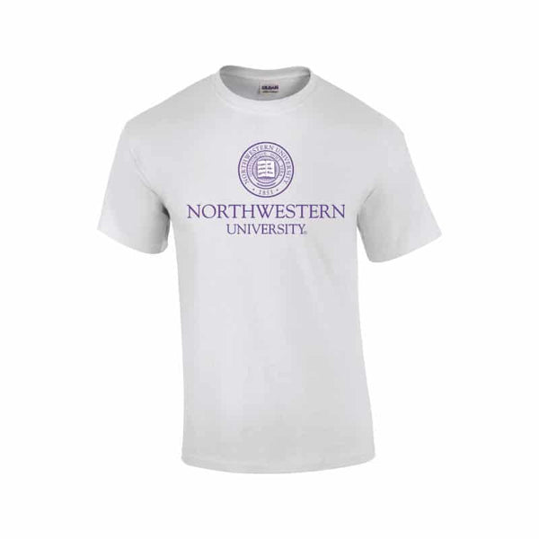Northwestern University Wildcats Men's White Short Sleeve Tee Shirt with Northwestern University Seal Design