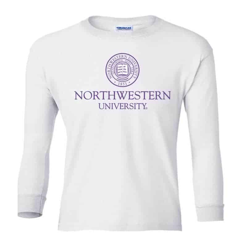Northwestern Wildcats Men's White Long Sleeve Tee Shirt with Northwestern University Seal Design