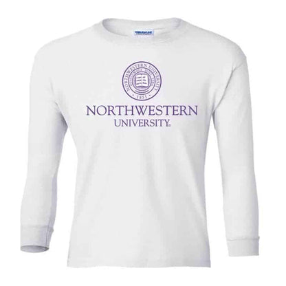 Northwestern Wildcats Men's White Long Sleeve Tee Shirt with Northwestern University Seal Design