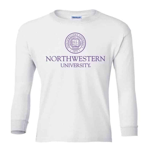 Northwestern Wildcats Men's White Long Sleeve Tee Shirt with Northwestern University Seal Design