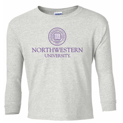 Northwestern Wildcats Men's Light Grey Long Sleeve Tee Shirt with Northwestern University Seal Design