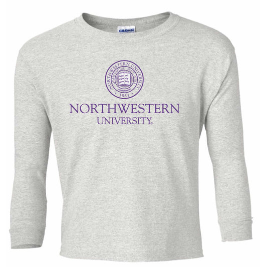 Northwestern Wildcats Men's Light Grey Long Sleeve Tee Shirt with Northwestern University Seal Design