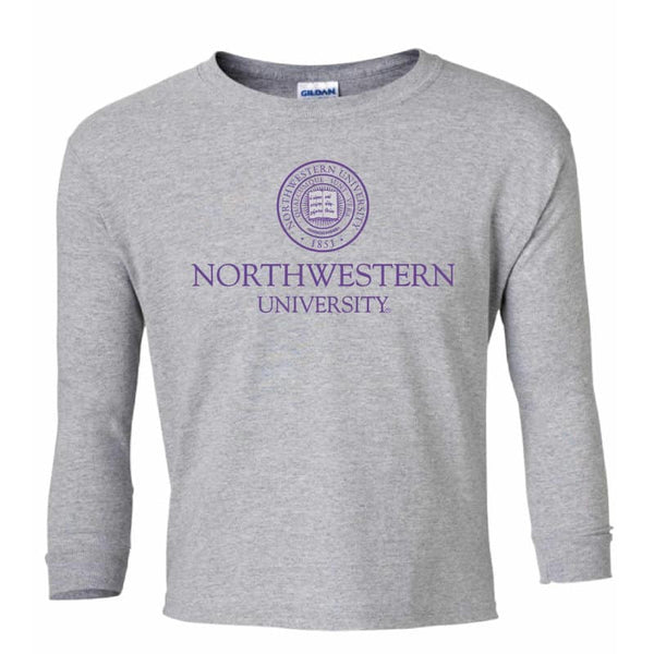 Northwestern Wildcats Men's Dark Grey Long Sleeve Tee Shirt with Northwestern University Seal Design