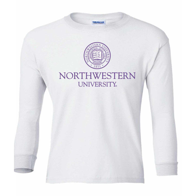 Northwestern University Wildcats Youth White Long Sleeve Tee Shirt with Northwestern University Seal Design
