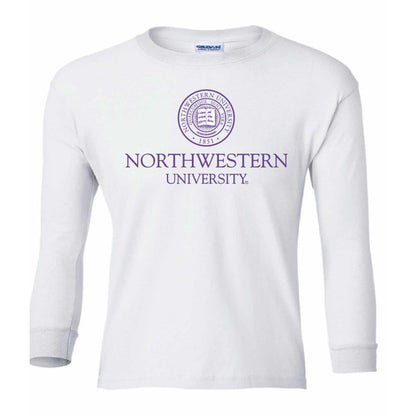 Northwestern University Wildcats Youth White Long Sleeve Tee Shirt with Northwestern University Seal Design