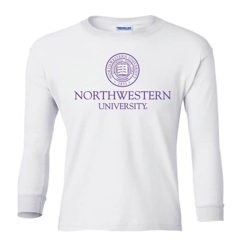 Northwestern Wildcats Youth White Long Sleeve Tee Shirt with Northwestern University Seal Design