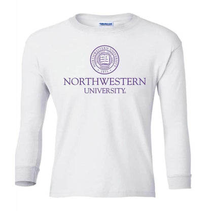 Northwestern Wildcats Youth White Long Sleeve Tee Shirt with Northwestern University Seal Design