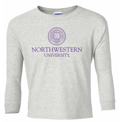 Northwestern Wildcats Youth Light Grey Long Sleeve Tee Shirt with Northwestern University Seal Design