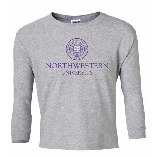Northwestern Wildcats Youth Dark Grey Long Sleeve Tee Shirt with Northwestern University Seal Design