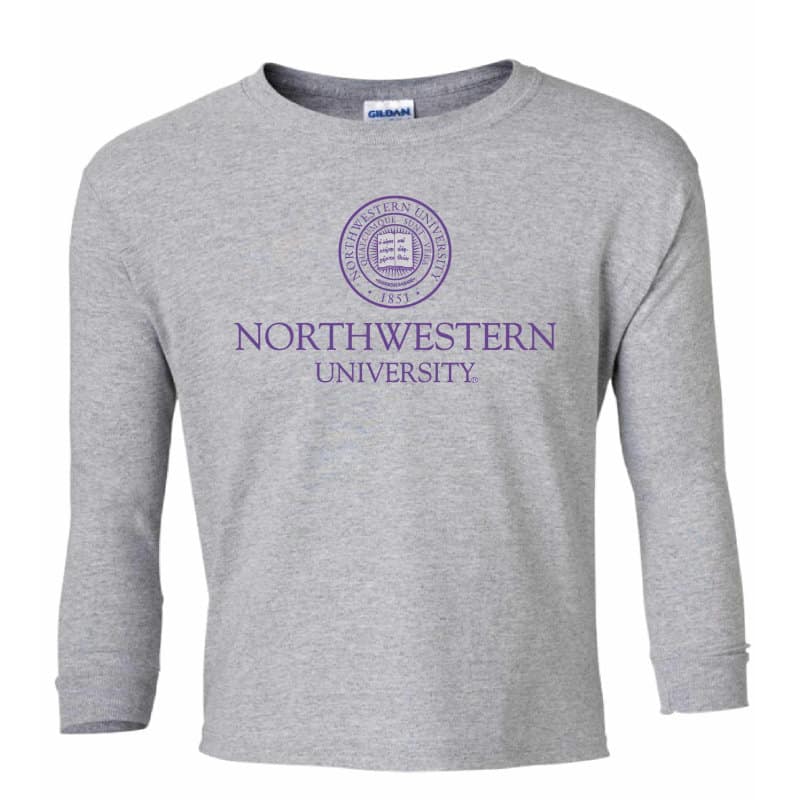 Northwestern Wildcats Youth Dark Grey Long Sleeve Tee Shirt with Northwestern University Seal Design