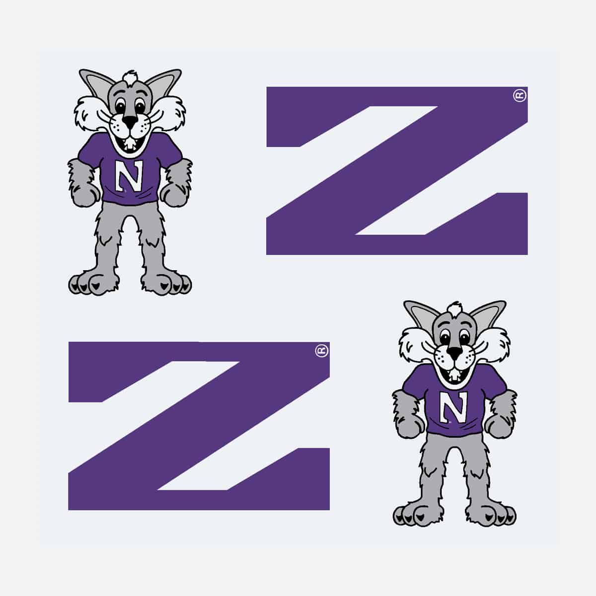 Northwestern University Wildcats Outside Application Decal Set of Four Stylized N and Willie the Wildcat-1