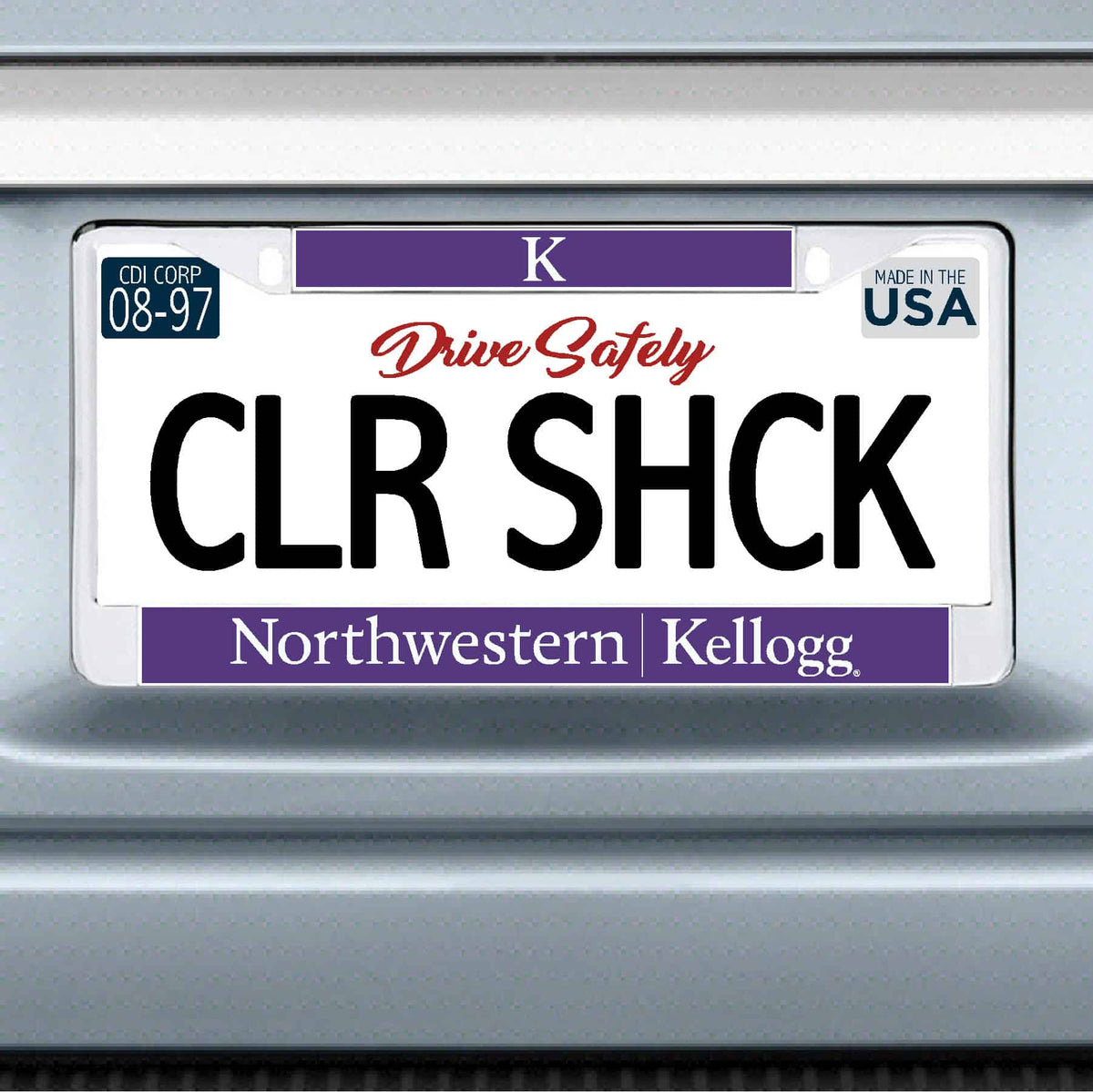 Northwestern I Kellogg Chrome License Plate Frame with Purple Laser Cut Insert