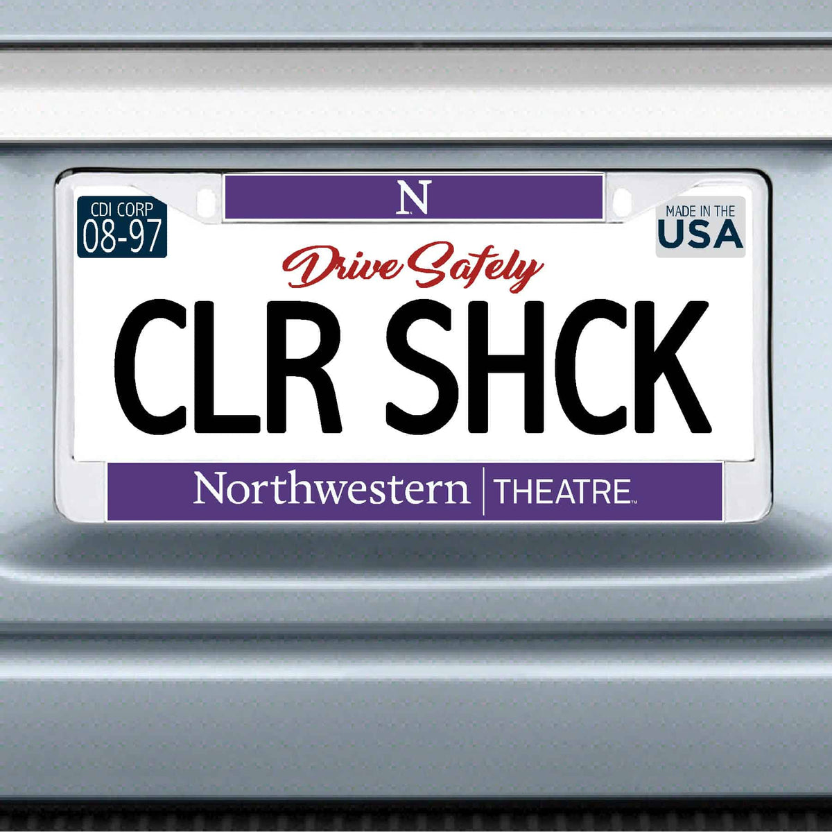 Northwestern University Wildcats Chrome License Plate Frame with Purple Laser Cut Northwestern/Theatre Insert