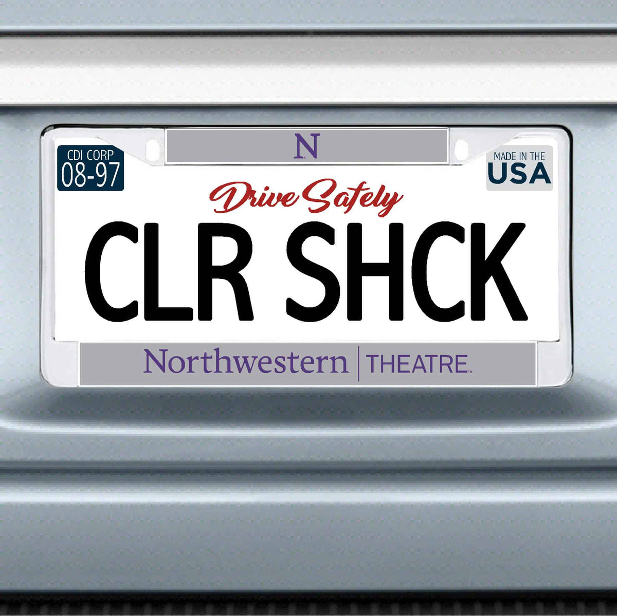 Northwestern University Wildcats Chrome License Plate Frame with Grey Laser Cut Northwestern/Theatre Insert