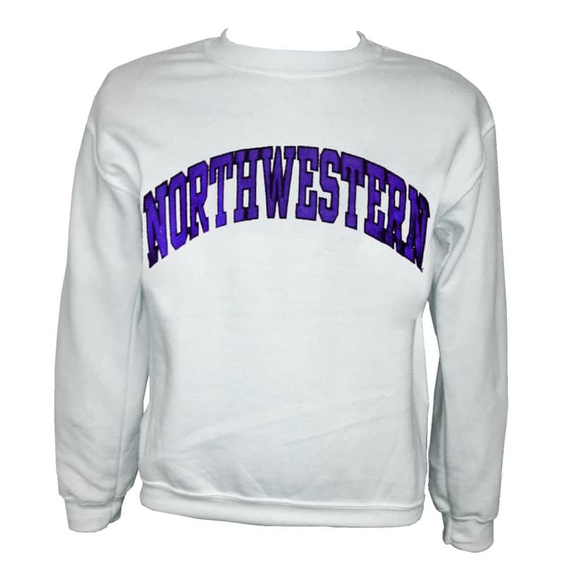 Northwestern Wildcats White Crewneck Sweatshirt with Full Chest Embroidered Northwestern Design