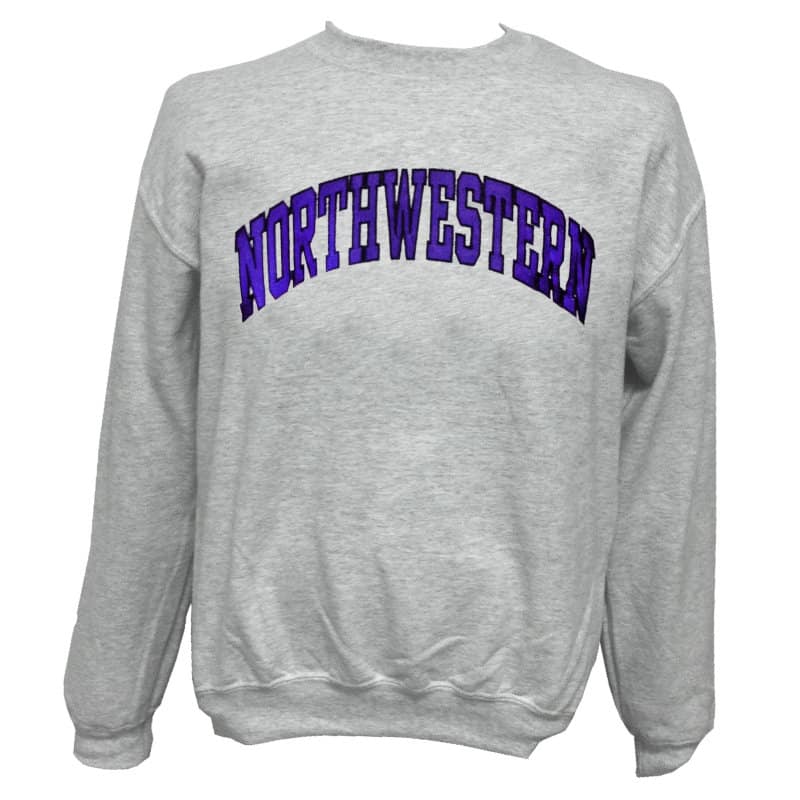Northwestern Wildcats Light Grey Crewneck Sweatshirt with Full Chest Embroidered Northwestern Design