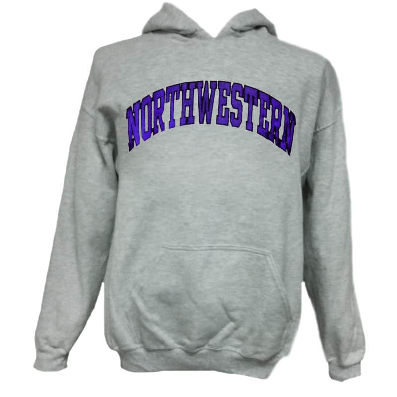 Northwestern Wildcats Light Grey Hooded Sweatshirt with Full Chest Embroidered Northwestern Design
