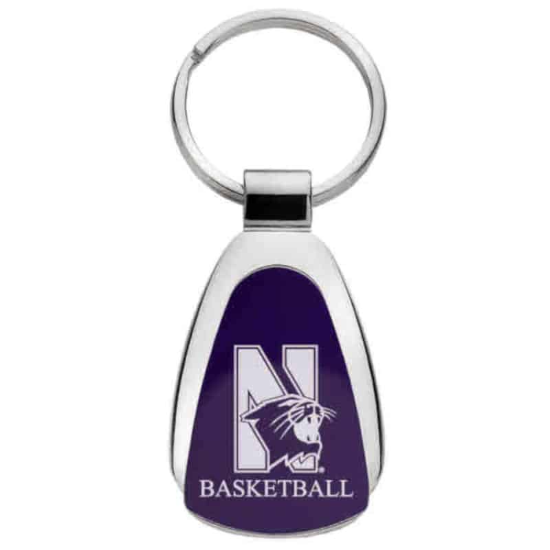 Northwestern University Wildcats Laser Engraved Purple Teardrop Key Chain with Mascot & Basketball Design