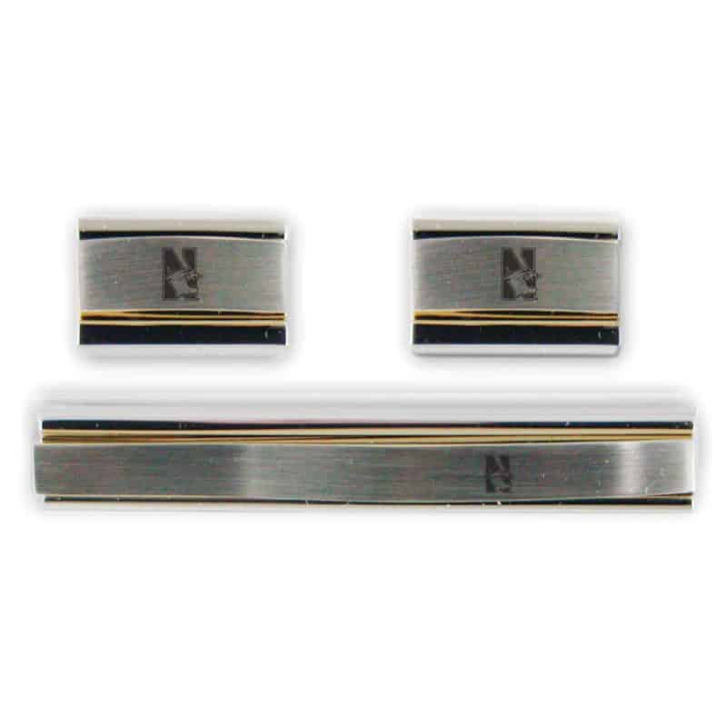 Northwestern Wildcats Laser Engraved Gold/Silver Cufflink & Tie Bar Set with Mascot Design