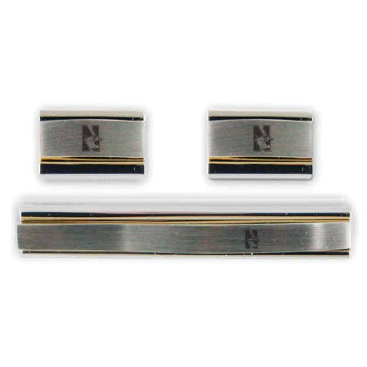 Northwestern Wildcats Laser Engraved Gold/Silver Cufflink & Tie Bar Set with Mascot Design