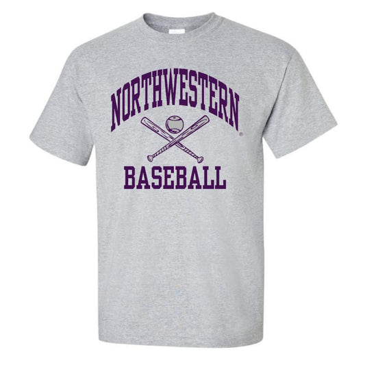Northwestern University Wildcats Grey Short Sleeve Tee Shirt with Baseball Design