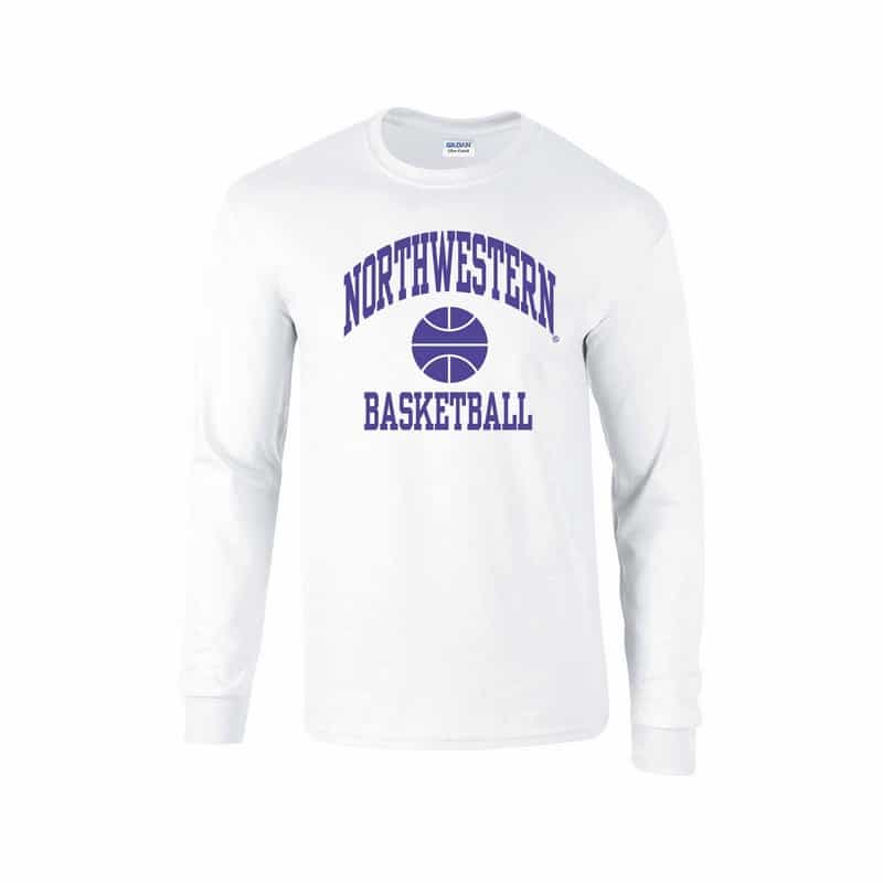 Northwestern University Wildcats White Long Sleeve Tee Shirt with Basketball Design