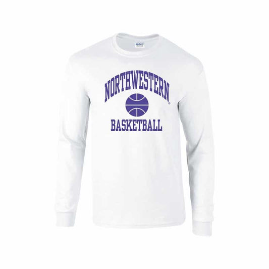 Northwestern University Wildcats White Long Sleeve Tee Shirt with Basketball Design