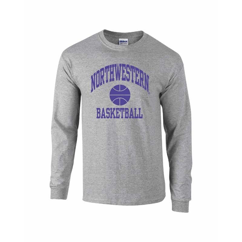 Northwestern University Wildcats Grey Long Sleeve Tee Shirt with Basketball Design