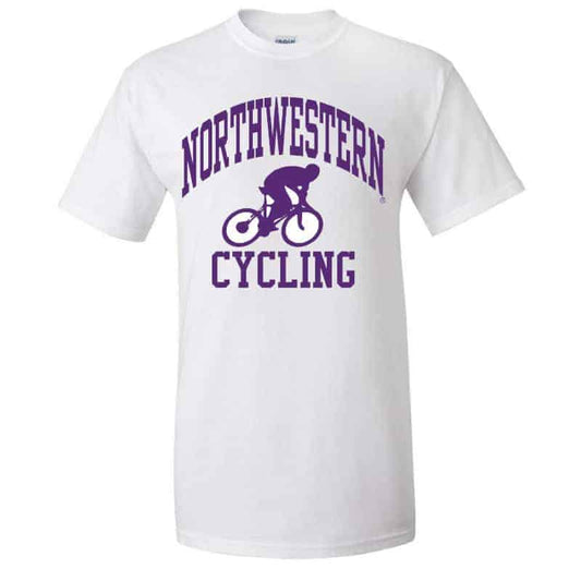 Northwestern University Wildcats White Short Sleeve Tee Shirt with Cycling Design