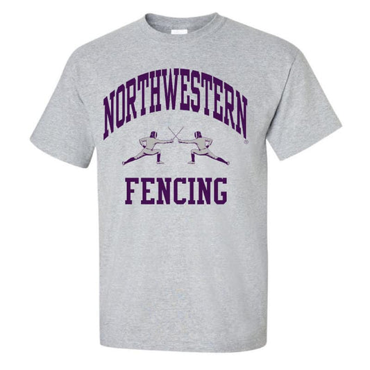 Northwestern University Wildcats Grey Short Sleeve Tee Shirt with Fencing Design