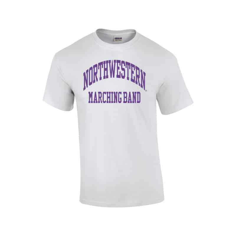 Northwestern University Wildcats White Short Sleeve Tee Shirt with Marching Band Design