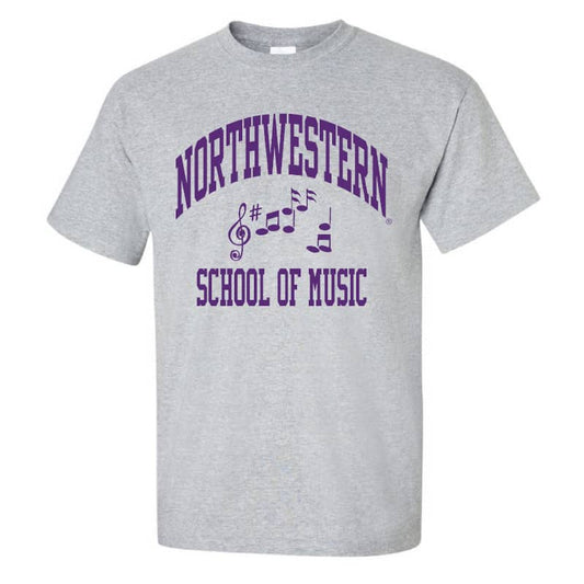 Northwestern University Wildcats Grey Short Sleeve Tee Shirt with Music Design
