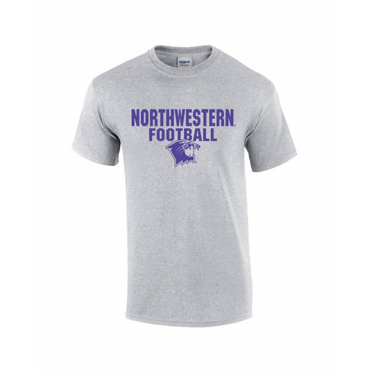 Northwestern University Wildcats Grey Short Sleeve Tee Shirt with Football Wildcat Design