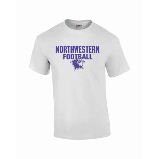 Northwestern University Wildcats White Short Sleeve Tee Shirt with Football Wildcat Design