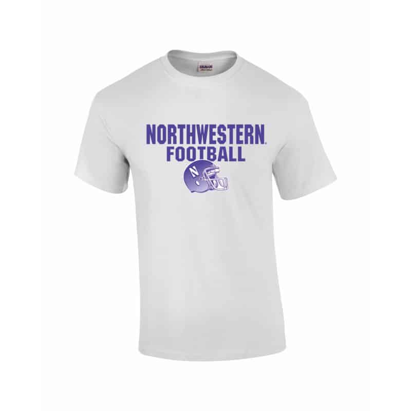 Northwestern University Wildcats White Short Sleeve Tee Shirt with Football Helmet Design