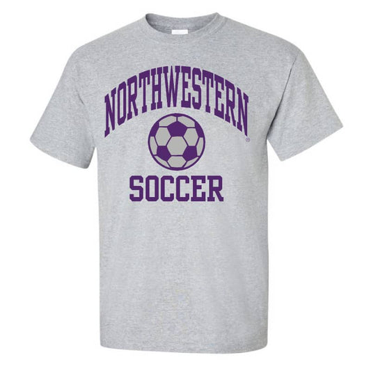 Northwestern University Wildcats Grey Short Sleeve Tee Shirt with Soccer Design